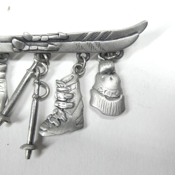 JJ Skier Pin Pewter Skiing Dangle Charms Vintage Skis Jonette - Picture 3 of 7